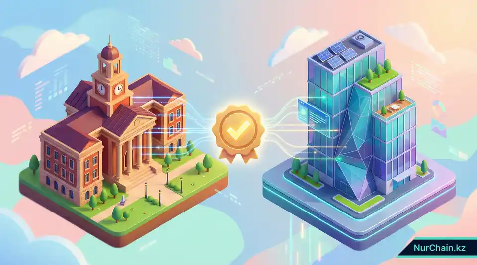 3D-сцена обмена защищенным цифровым штампом верификации между зданием университета и офисом компании.