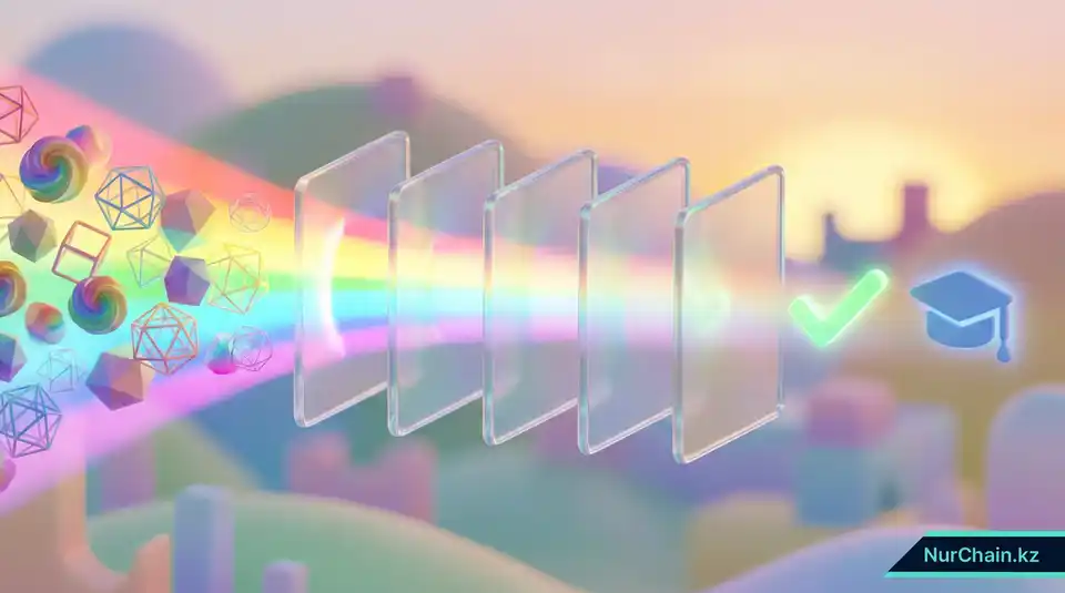 3D-иллюстрация прохождения света через фильтры, наглядно показывающая процесс выборочного раскрытия данных цифровых документов.