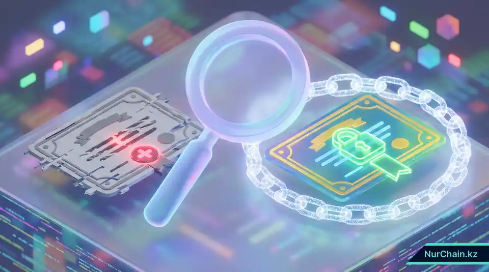 3D-визуализация того, как блокчейн предотвращает подделку дипломов с помощью образов защитного замка и звеньев цепи.