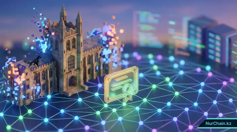 3D-рендер, показывающий, как цифровой диплом остается стабильным в глобальной сети даже тогда, когда физическое учебное заведение исчезает, что олицетворяет сохранность данных.
