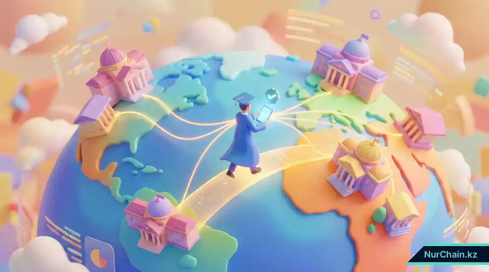 3D-иллюстрация глобальной сети университетов и мобильного выпускника, представляющая международное признание цифровых документов.