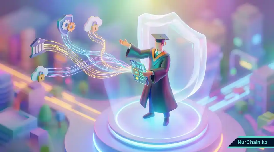 3D-инфографика выпускника, управляющего своими персональными данными через цифровой кошелек, иллюстрирующая концепцию самосуверенной идентичности.