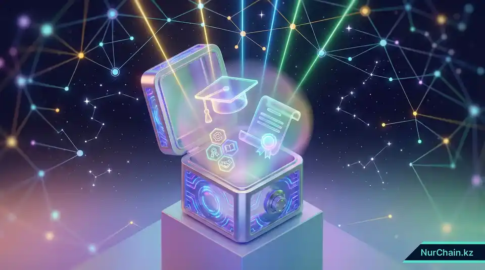 Итоговое 3D-изображение цифрового хранилища с академическими достижениями, символизирующее возвращенное право собственности на учебное наследие.