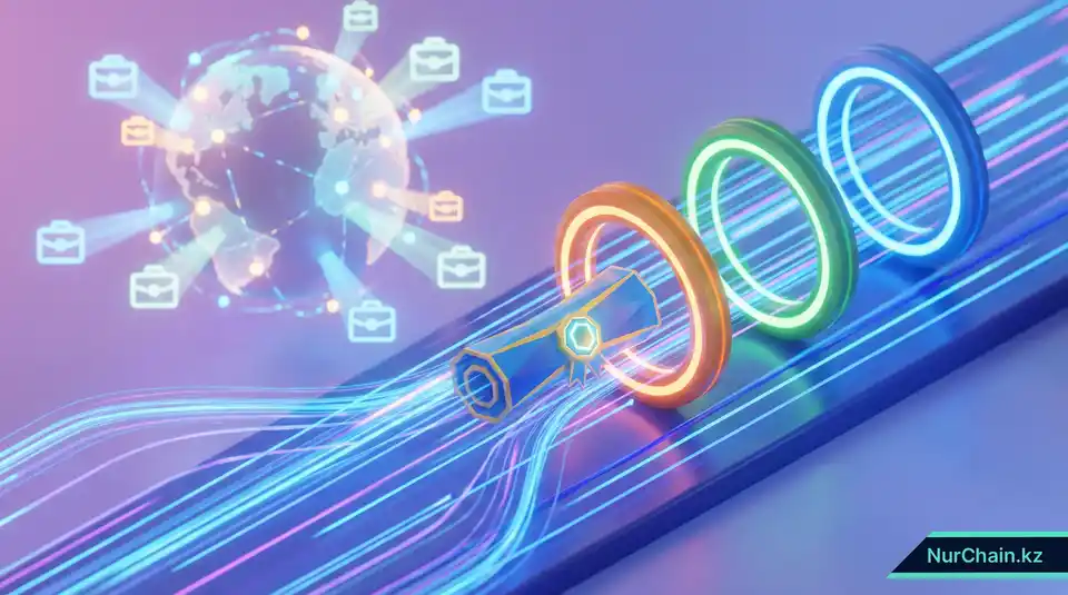 3D-графика: иконка цифрового диплома перемещается по скоростной информационной магистрали к символам глобальных работодателей.