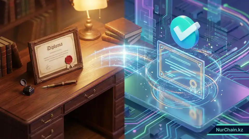 Сравнение на разделенном 3D-экране: традиционный бумажный диплом в рамке на столе и сияющий голографический цифровой сертификат.