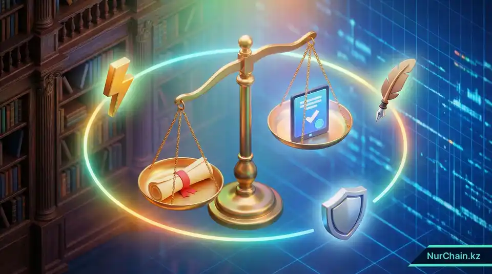 Итоговая 3D-инфографика: сбалансированные весы с бумажным дипломом и иконкой цифрового сертификата.