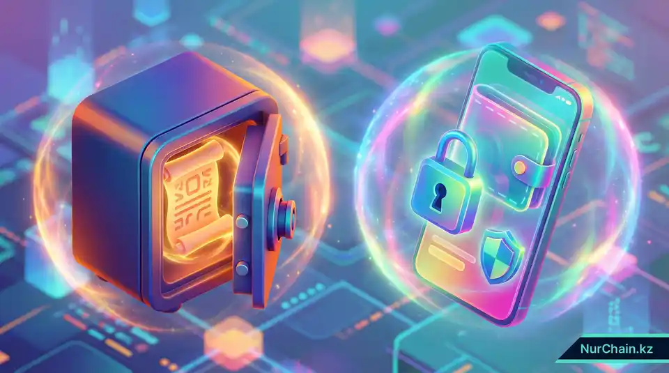 3D-визуализация огнестойкого сейфа для физических документов рядом с защищенным цифровым кошельком на смартфоне.