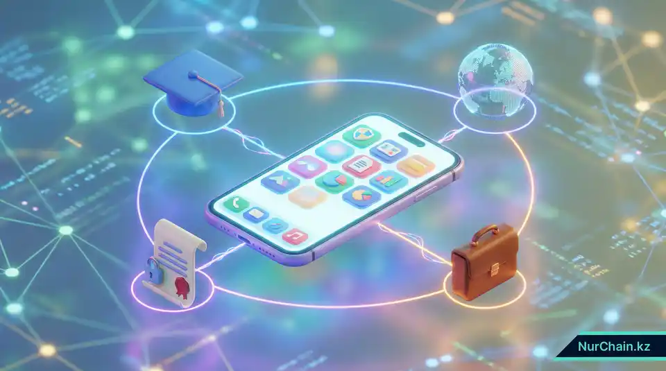 3D-иллюстрация смартфона, выступающего в роли центра для хранения и обмена цифровыми академическими документами и дипломами.