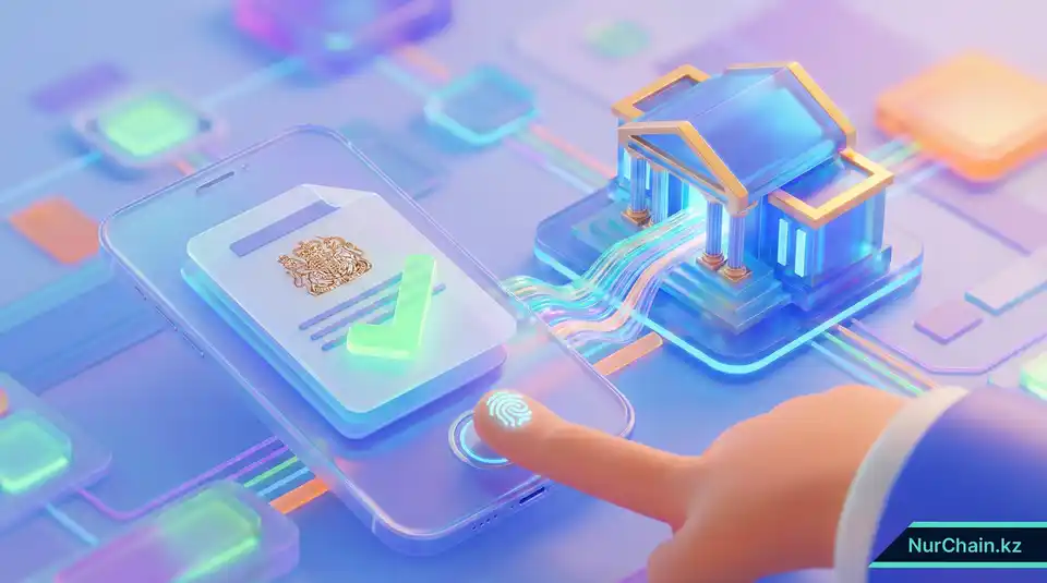 Мобильный телефон, отображающий верифицированный государственный цифровой документ об образовании в Казахстане с иконкой защитной галочки.