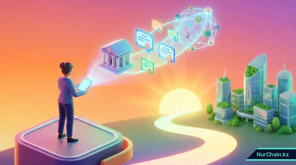 Итоговая 3D-графика, изображающая профессионала, управляющего своей цифровой идентичностью и академическими достижениями в современном мире.