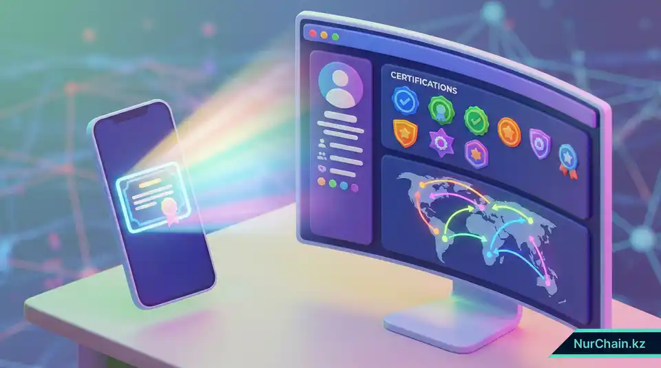 Визуальное представление процесса передачи цифровых документов и академических бейджей с мобильного устройства в профессиональный профиль.