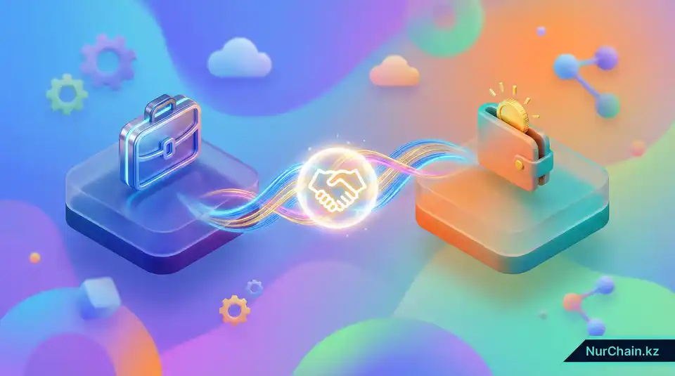 3D-визуализация цифрового моста, соединяющего кошелек и портфель, которая символизирует успешную привязку к порталу работодателя.