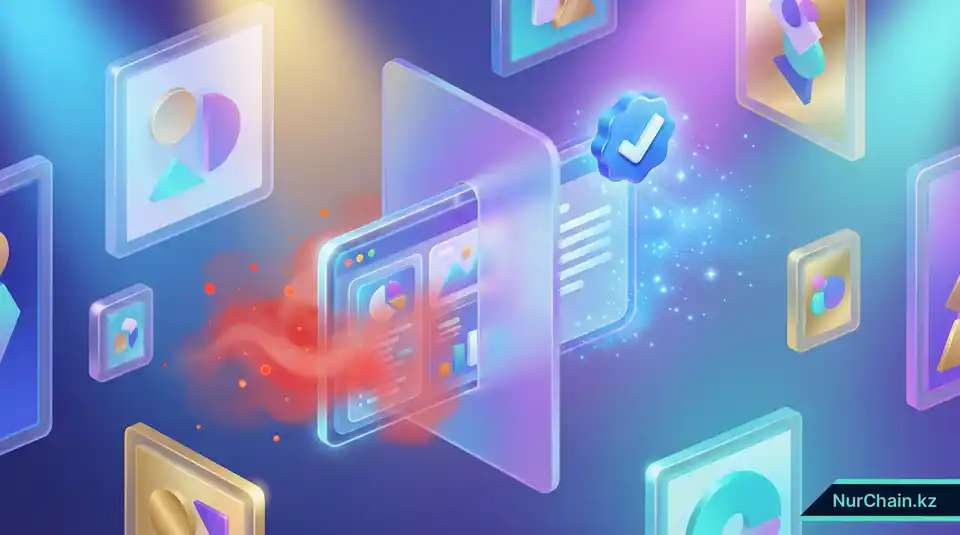 3D-рендер цифрового сертификата, проходящего через фильтр и получающего синюю галочку верификации.