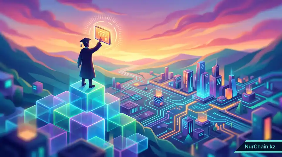 Итоговая 3D-иллюстрация: выпускник на вершине горы из блоков блокчейна, держащий высоко над головой светящийся цифровой диплом.