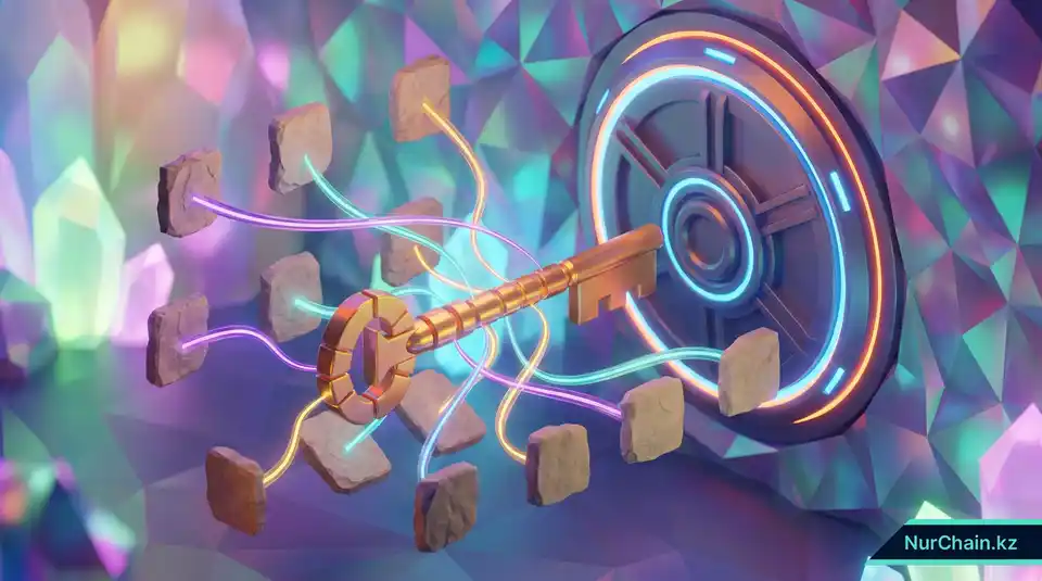 Золотой 3D-ключ, собранный из плиток со словами, открывающий сейф; символизирует восстановление кошелька с помощью сид-фразы.