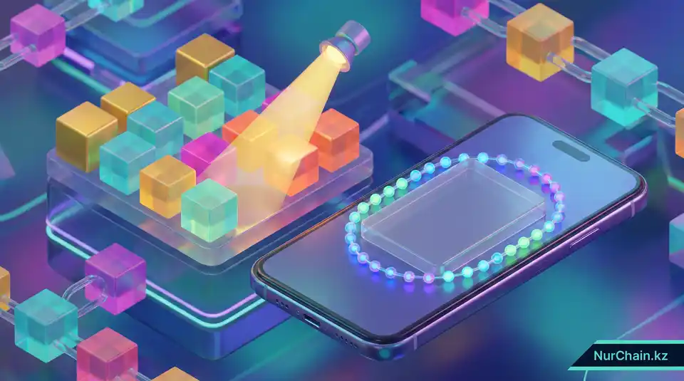 3D-рендер смартфона с кошельком, показывающий статус загрузки во время поиска NFT в блокчейн-сети.