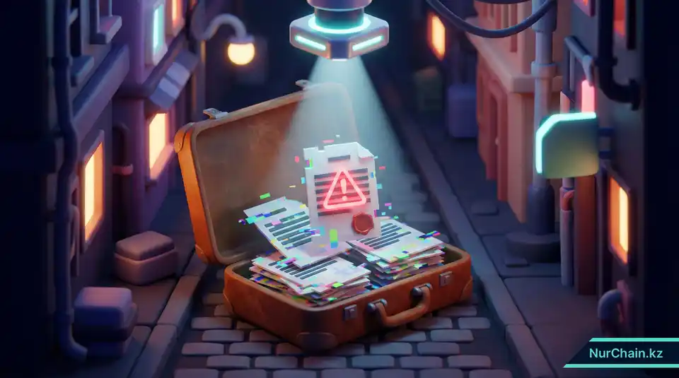 Цифровой сканер, обнаруживающий искаженные документы в темном портфеле, иллюстрирующий черный рынок дипломов.