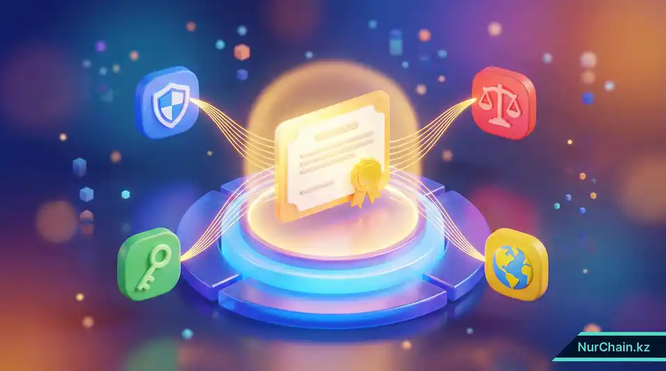 Итоговая инфографика, показывающая центральный диплом, соединенный с иконками безопасности, права и децентрализованного доверия.