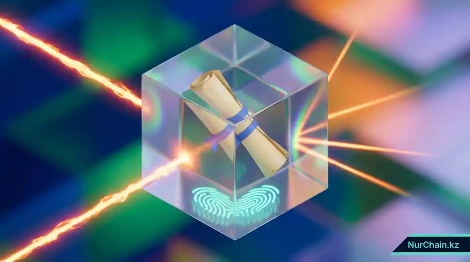 Диплом, защищенный внутри хрустального блока с цифровым отпечатком пальца, символизирующий неизменность данных.