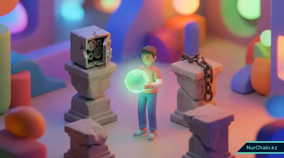 Галерея вышедших из строя традиционных инструментов безопасности и студент, держащий защищенную цифровую сферу.