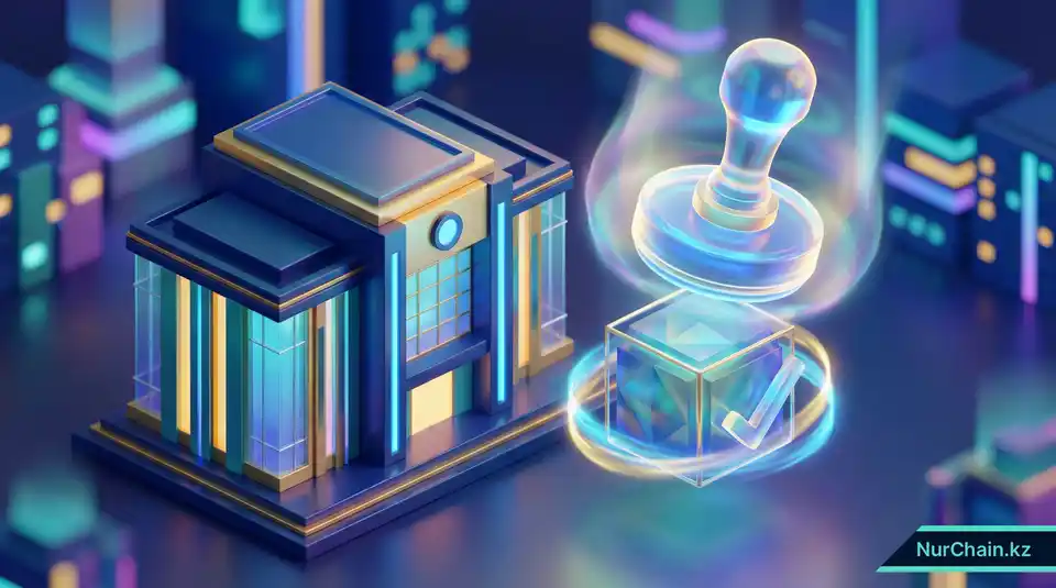 Сине-золотое здание суда с цифровым штампом, одобряющим иконку NFT, что символизирует соблюдение законодательства.