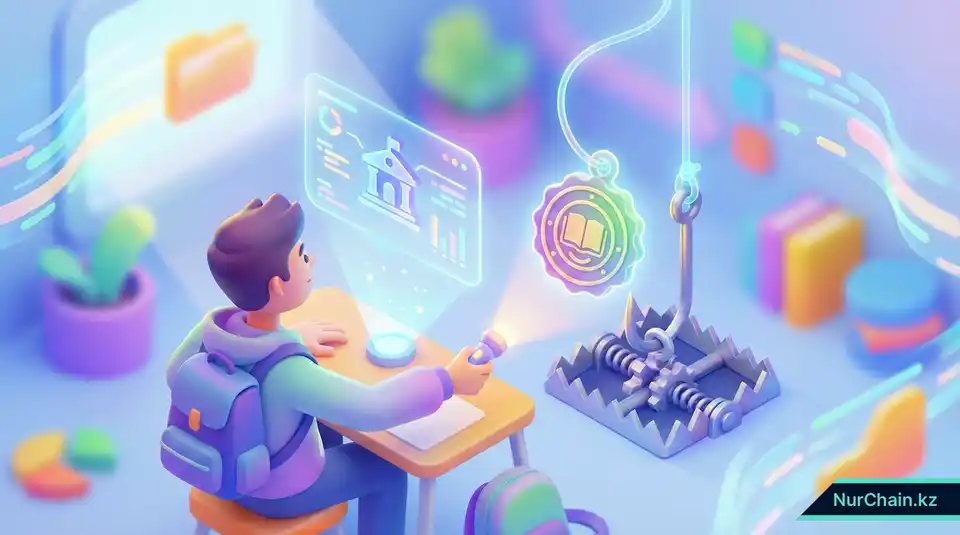 Студент, разоблачающий фишинговый крючок, замаскированный под диплом, что символизирует безопасность цифровых документов.