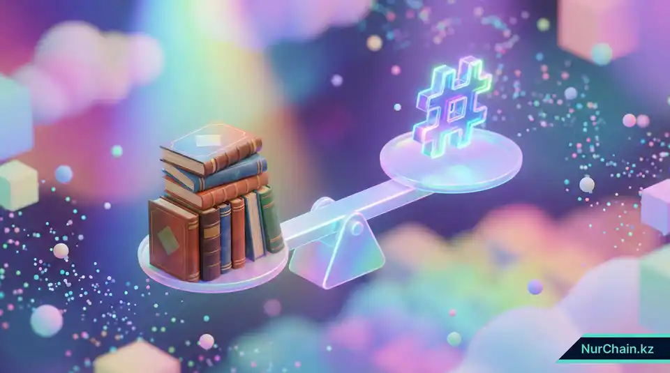 Весы, уравновешивающие тяжелые книги и светящийся геометрический хеш, для сравнения хранения данных On-Chain и Off-Chain.