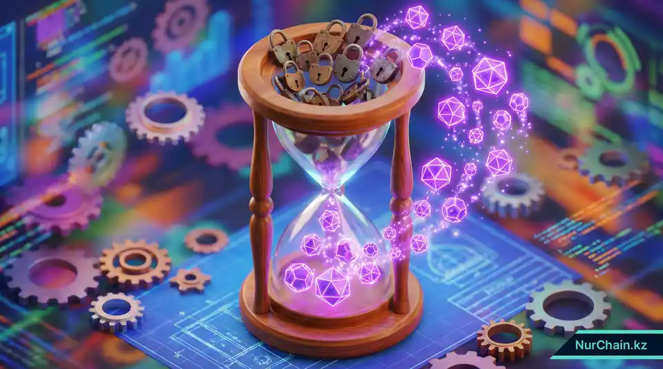 Песочные часы, превращающие обычные замки в квантово-устойчивые формы, символизируя защиту безопасности в будущем.