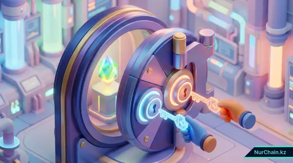 Хранилище с мультиподписью, двумя руками и цифровыми ключами, символизирующее безопасное управление закрытыми ключами университета.