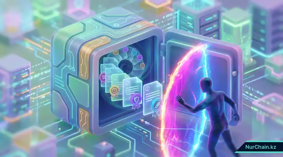 Защищенное цифровое хранилище с энергетическим барьером, символизирующее предотвращение мошенничества и взяточничества с помощью блокчейна.