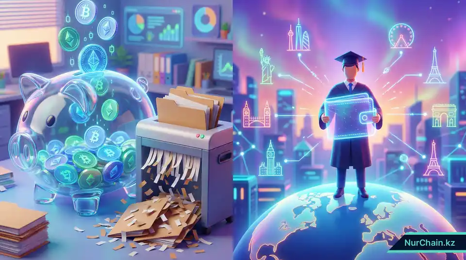 3D-иллюстрация с копилкой для экономии средств и выпускником с цифровым кошельком на фоне земного шара, представляющая преимущества блокчейна в образовании.