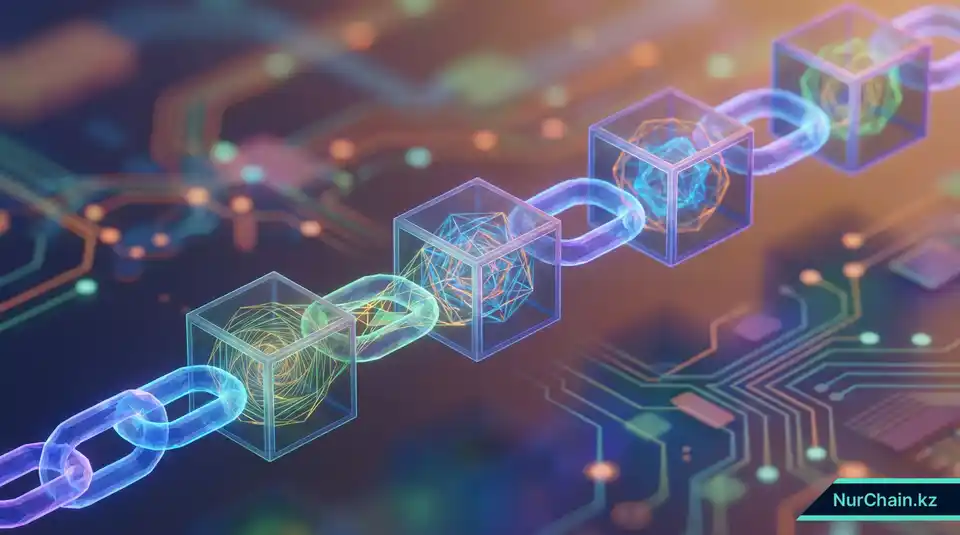 Изометрическая 3D-инфографика, показывающая связанные цифровые блоки с уникальными криптографическими паттернами, представляющими распределенный реестр.