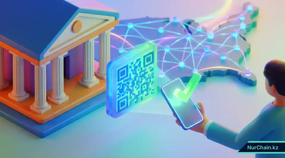 Смартфон, сканирующий QR-код для мгновенной проверки диплома на фоне университета, что олицетворяет прогресс электронного правительства Казахстана.