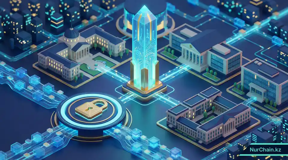 Цифровая инфраструктура, демонстрирующая блокчейн-связи между университетами и государственными системами в Казахстане.