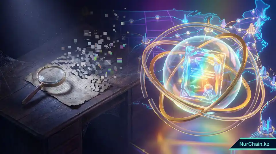 3D-сравнение ветхого бумажного документа и защищенного, сияющего цифрового сертификата, символизирующее борьбу с черным рынком дипломов.