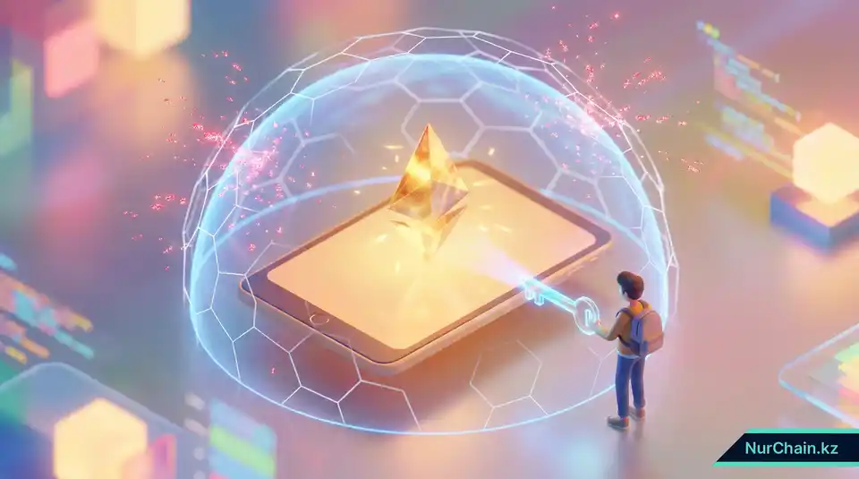 NFT-диплом, защищенный цифровым щитом и сетью блокчейн, символизирующий безопасность и невозможность фальсификации академических записей.