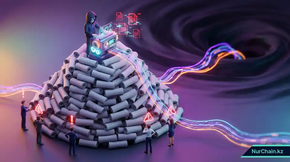 3D-сцена, изображающая гору поддельных дипломов и влияние массовых махинаций с документами на экономику.