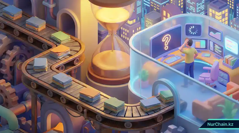 Медленный процесс проверки бумажных документов с огромными песочными часами, иллюстрирующий бюрократические задержки при проверке данных.