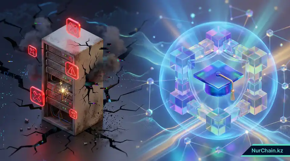 3D-графика, сравнивающая уязвимый традиционный сервер с защищенной кристаллической структурой блокчейна, охраняющей образовательные документы.