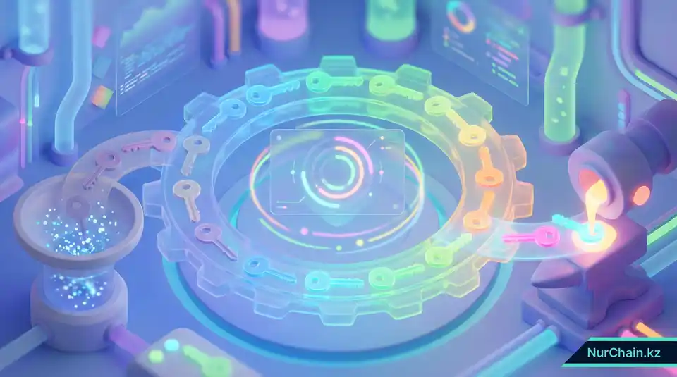 3D-визуализация механического цикла ротации цифровых ключей, демонстрирующая жизненный цикл: создание, использование и вывод из эксплуатации.