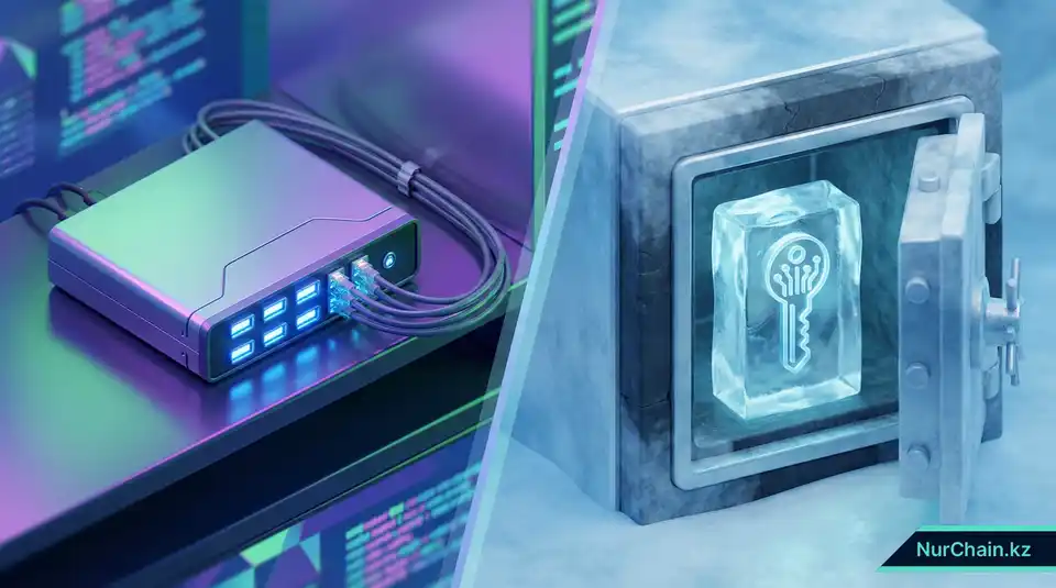 3D-иллюстрация металлического устройства HSM и цифрового ключа, замороженного внутри прозрачного блока льда в хранилище, что символизирует «холодное» хранение.