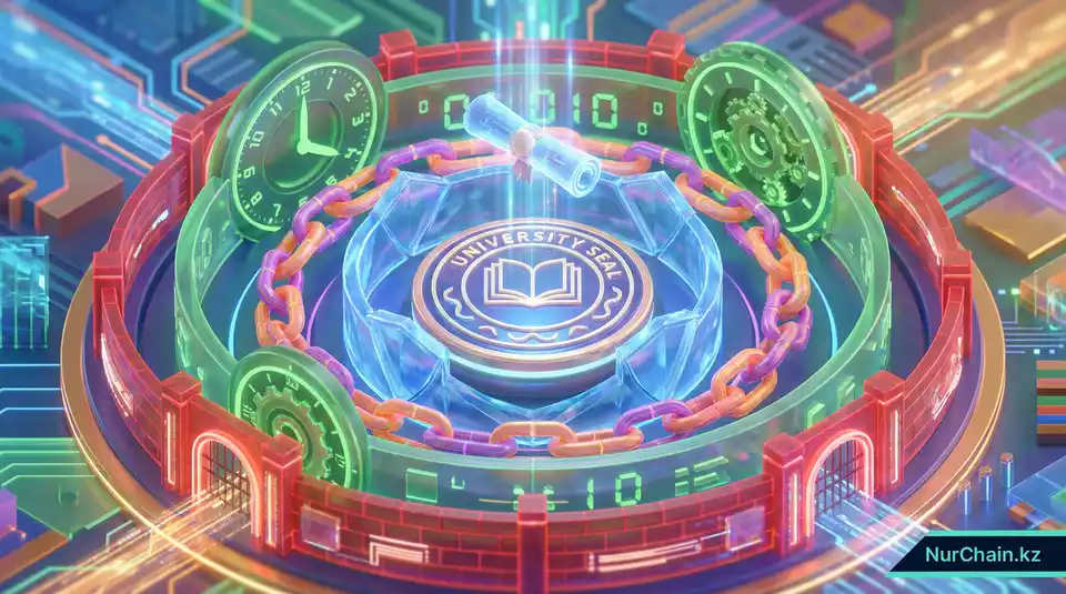 Комплексная 3D-инфографика, показывающая университетский диплом, защищенный многоуровневой системой обороны блокчейна, включая HSM, мультиподпись и RBAC.