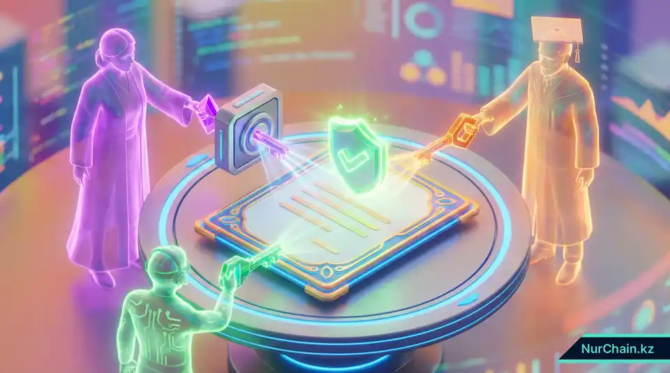 3D изометрическая сцена, где три фигуры используют несколько цифровых ключей для авторизации диплома, иллюстрирующая протоколы мультиподписи.