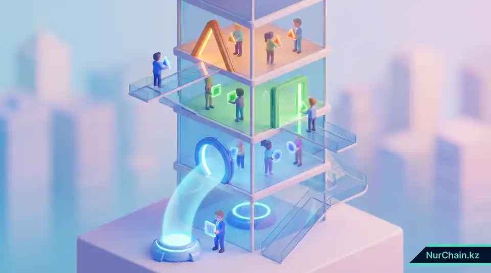 3D изометрическая графика многоуровневой системы доступа, где фигуры используют токены для входа в определенные зоны, представляющая RBAC.