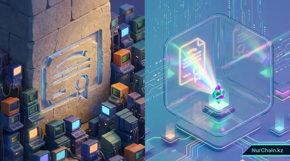 3D-визуальное объяснение разницы между тяжеловесным хранением данных on-chain и эффективным хранением off-chain с криптографическими квитанциями.