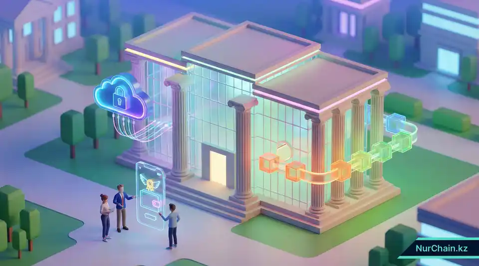 3D-изометрический вид гибридной модели хранения в блокчейне для академических документов университетов.