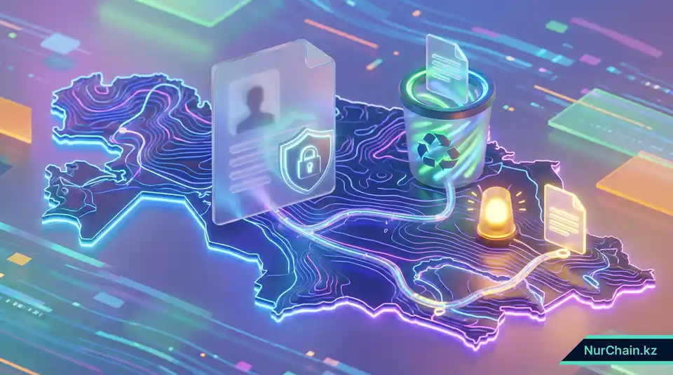 3D-графика, представляющая конфиденциальность данных и соблюдение правовых норм Казахстана для академических записей на базе блокчейна.
