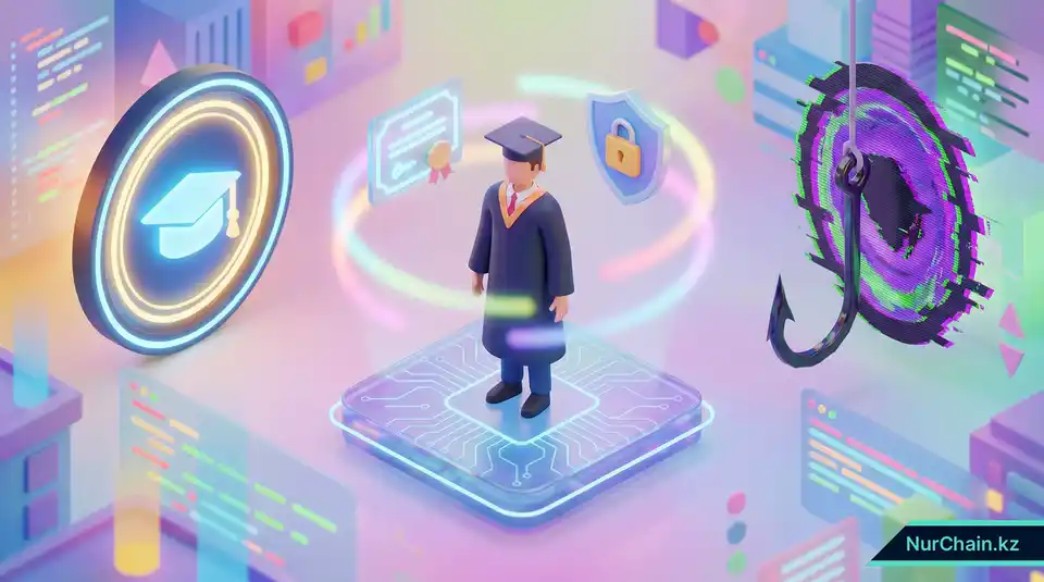 3D-изометрическая иллюстрация выпускника, выбирающего между безопасным цифровым порталом и фишинговой угрозой.