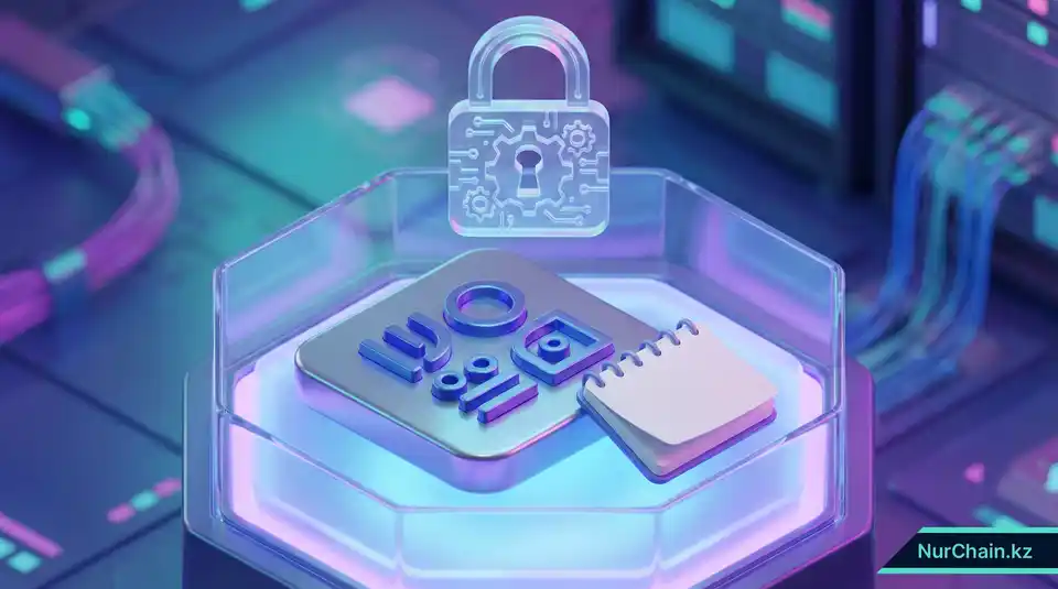 3D-графика, демонстрирующая физическое резервное копирование сид-фразы на металле и бумаге под защитой голографического цифрового замка.