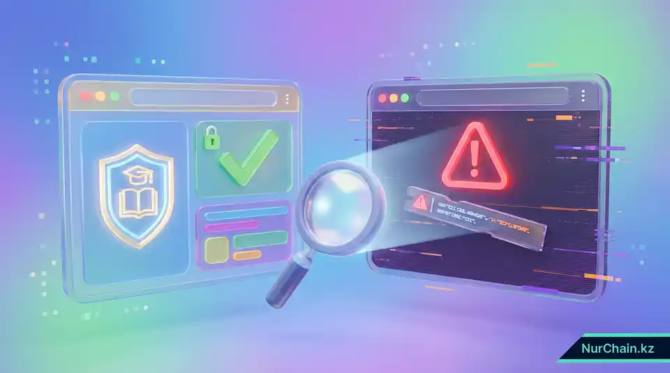 Сравнение легитимного университетского портала и поддельного фишингового сайта с лупой, указывающей на подозрительные признаки.